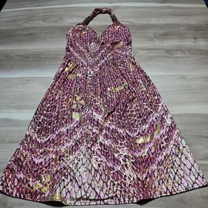 Shoreline Halter Dress Womens S/M Pink Gold Foil Abstract Smocked Summer Boho